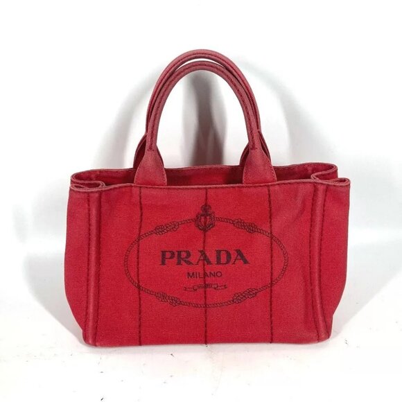PRADA Logo Canapa SS MINI Bag Tote Bag Hand Bag Canvas Red - Picture 1 of 16